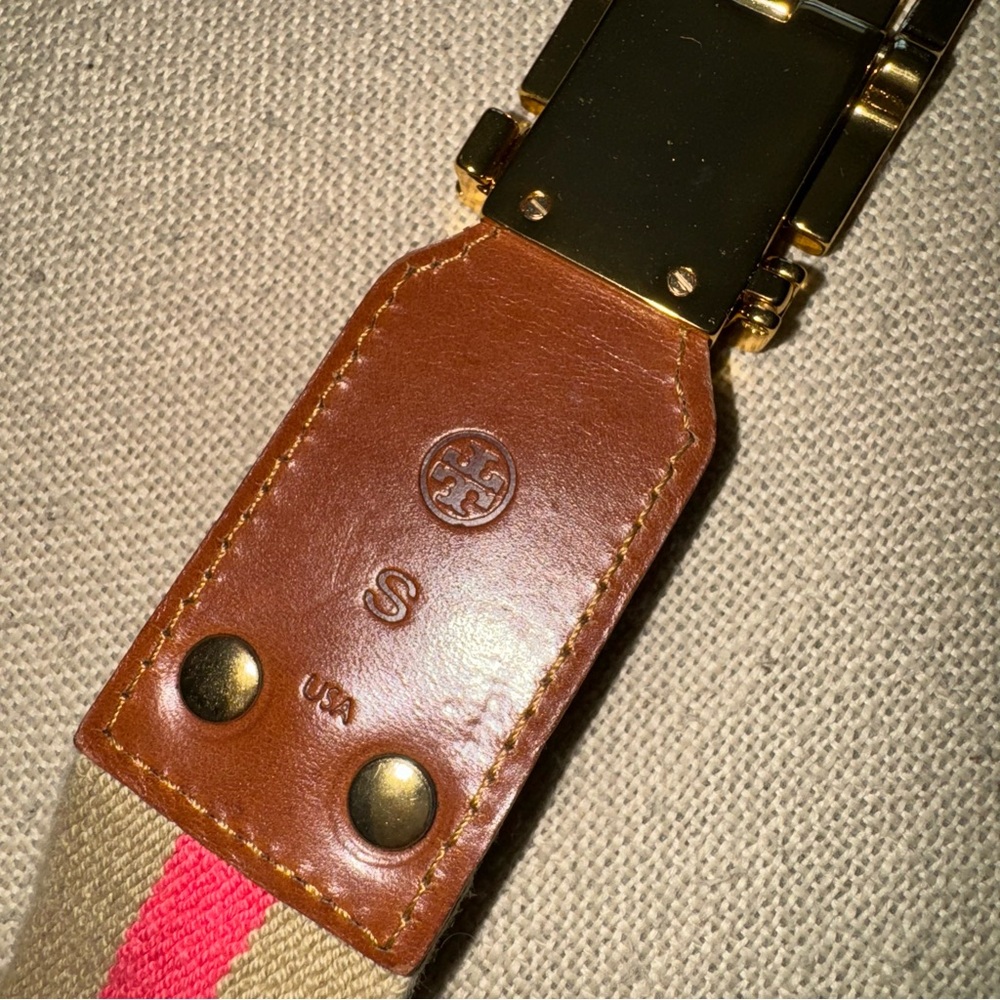 Tory Burch Hinged Gold Buckle Stretch Belt Pink Tan S - Picture 6 of 6
